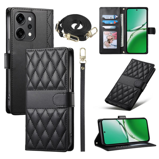 For Oppo Reno14 Pro 5G (Global) Case Rhombus Stitching Wallet Stand Leather Phone Cover with Long  /  Short Strap - Black