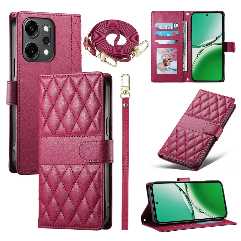 For Oppo Reno14 Pro 5G (Global) Case Rhombus Stitching Wallet Stand Leather Phone Cover with Long  /  Short Strap - Red