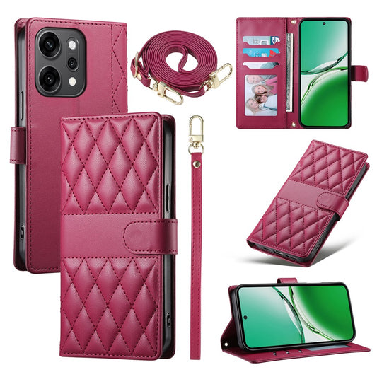 For Oppo Reno14 Pro 5G (Global) Case Rhombus Stitching Wallet Stand Leather Phone Cover with Long  /  Short Strap - Red