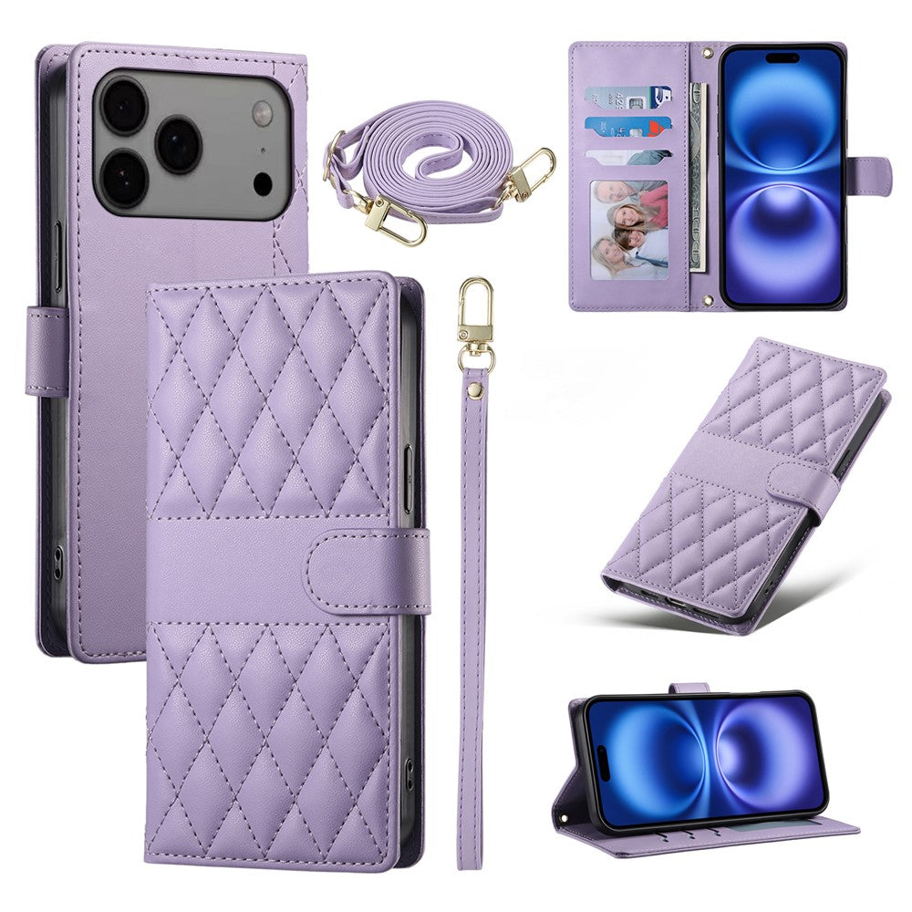 For iPhone 17 Pro Max Case Rhombus Stitching Wallet Stand Leather Phone Cover with Long  /  Short Strap - Purple