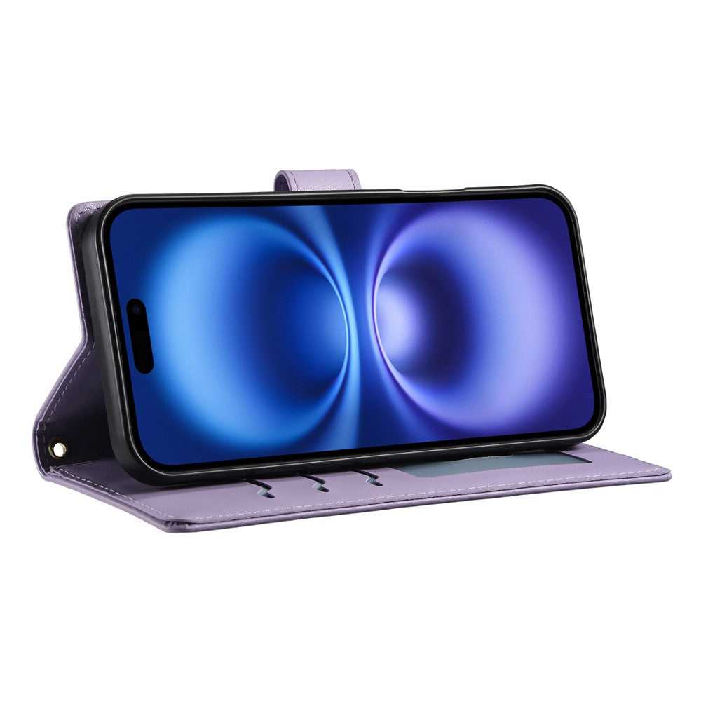 For iPhone 17 Pro Max Case Rhombus Stitching Wallet Stand Leather Phone Cover with Long  /  Short Strap - Purple