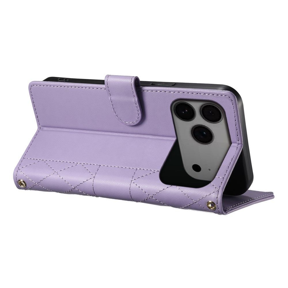For iPhone 17 Pro Max Case Rhombus Stitching Wallet Stand Leather Phone Cover with Long  /  Short Strap - Purple