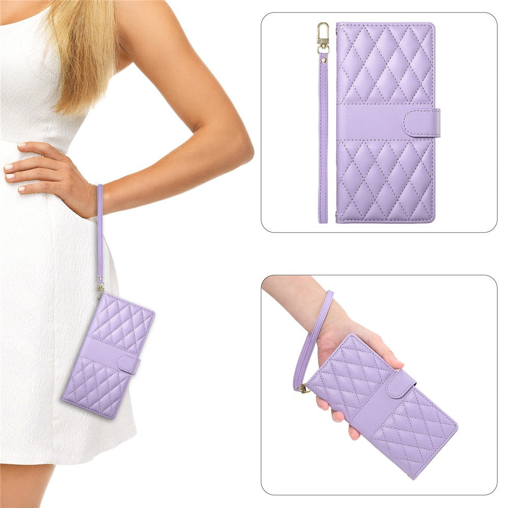 For iPhone 17 Pro Max Case Rhombus Stitching Wallet Stand Leather Phone Cover with Long  /  Short Strap - Purple