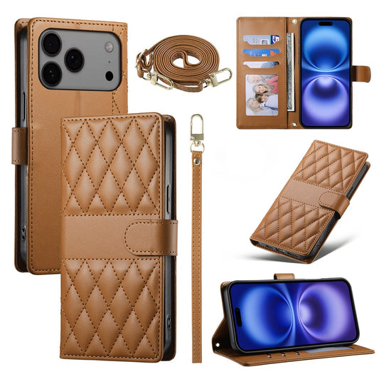 For iPhone 17 Pro Max Case Rhombus Stitching Wallet Stand Leather Phone Cover with Long  /  Short Strap - Brown