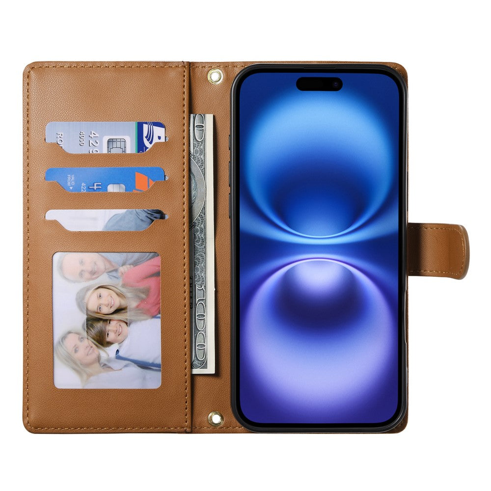 For iPhone 17 Pro Max Case Rhombus Stitching Wallet Stand Leather Phone Cover with Long  /  Short Strap - Brown