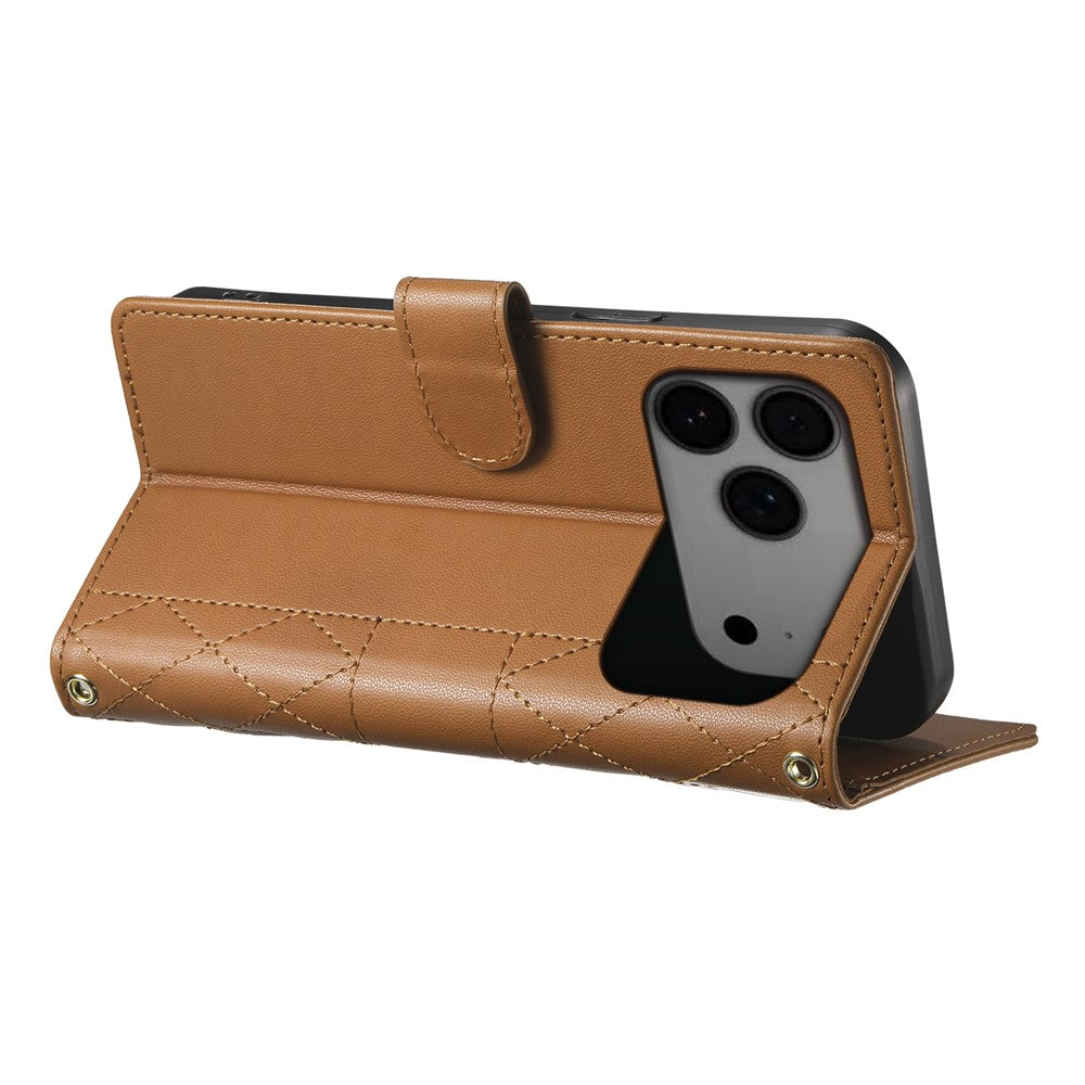 For iPhone 17 Pro Max Case Rhombus Stitching Wallet Stand Leather Phone Cover with Long  /  Short Strap - Brown