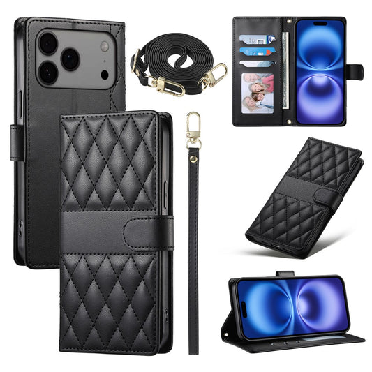 For iPhone 17 Pro Max Case Rhombus Stitching Wallet Stand Leather Phone Cover with Long  /  Short Strap - Black