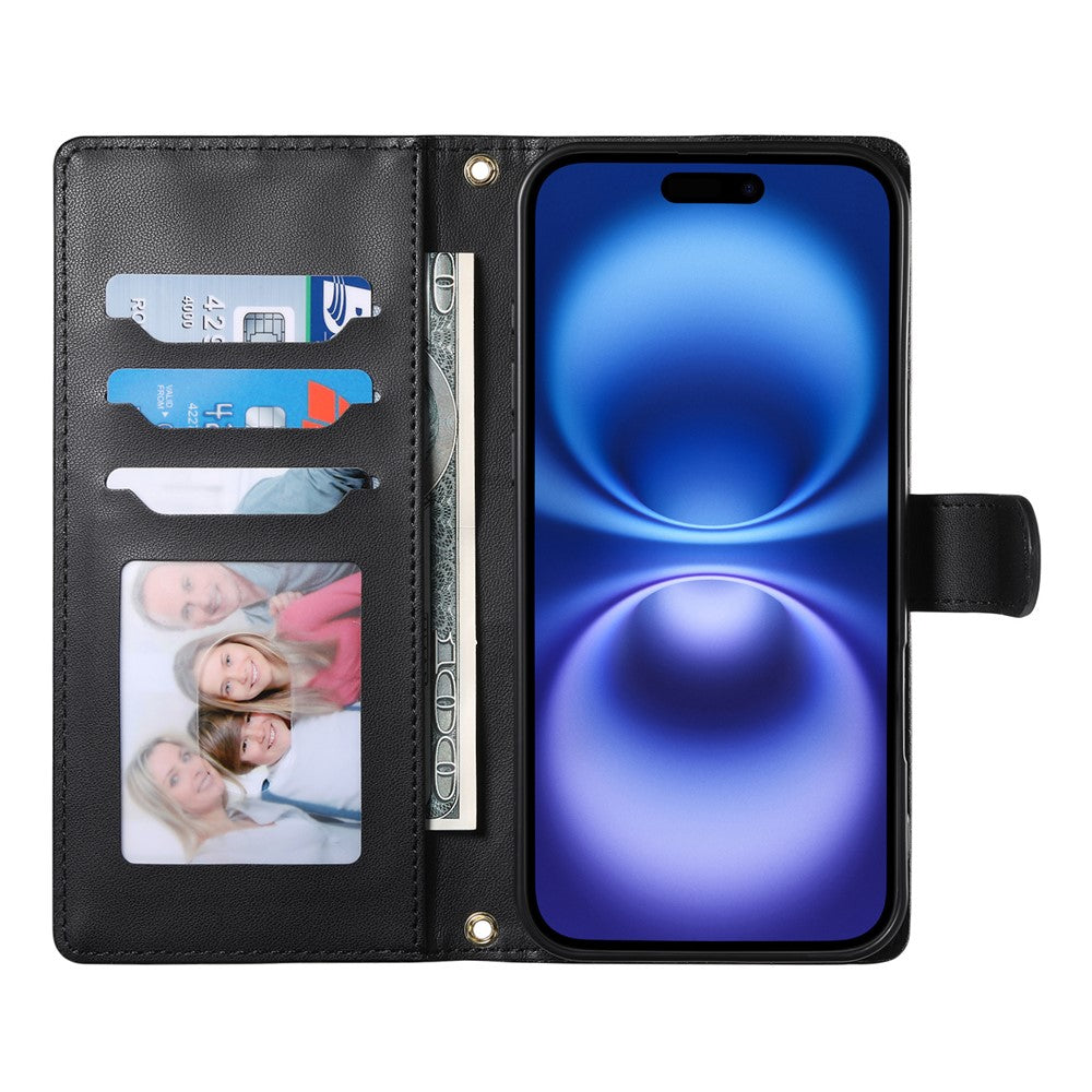 For iPhone 17 Pro Max Case Rhombus Stitching Wallet Stand Leather Phone Cover with Long  /  Short Strap - Black