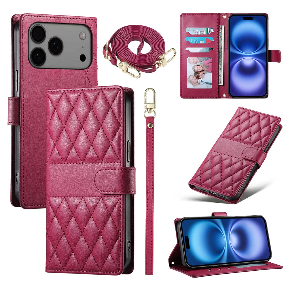 For iPhone 17 Pro Max Case Rhombus Stitching Wallet Stand Leather Phone Cover with Long  /  Short Strap - Red