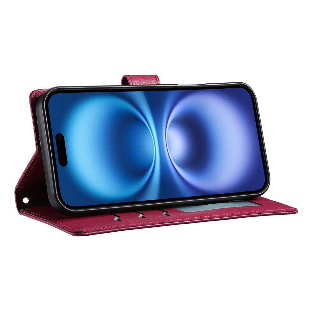 For iPhone 17 Pro Max Case Rhombus Stitching Wallet Stand Leather Phone Cover with Long  /  Short Strap - Red