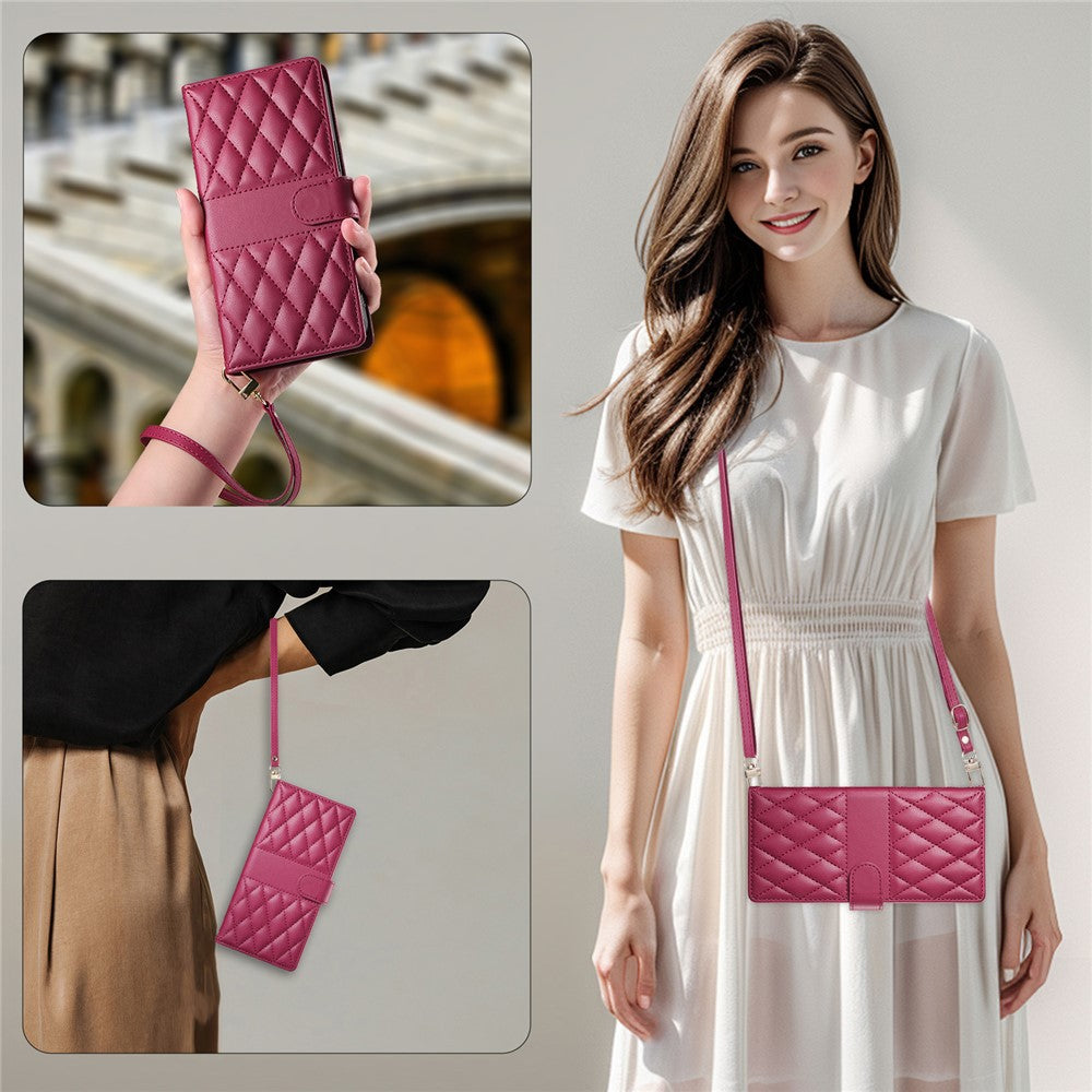 For iPhone 17 Pro Max Case Rhombus Stitching Wallet Stand Leather Phone Cover with Long  /  Short Strap - Red