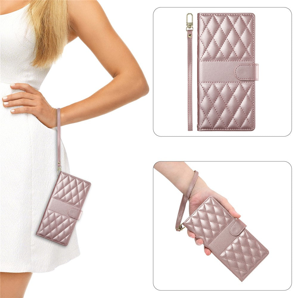 For iPhone 17 Pro Max Case Rhombus Stitching Wallet Stand Leather Phone Cover with Long  /  Short Strap - Rose Gold