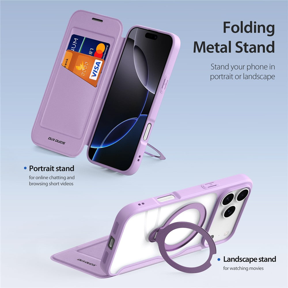 For iPhone 17 Pro Max Leather Case DUX DUCIS Skin X Pro Series Rotary Kickstand Cover Compatible with MagSafe - Purple Pink