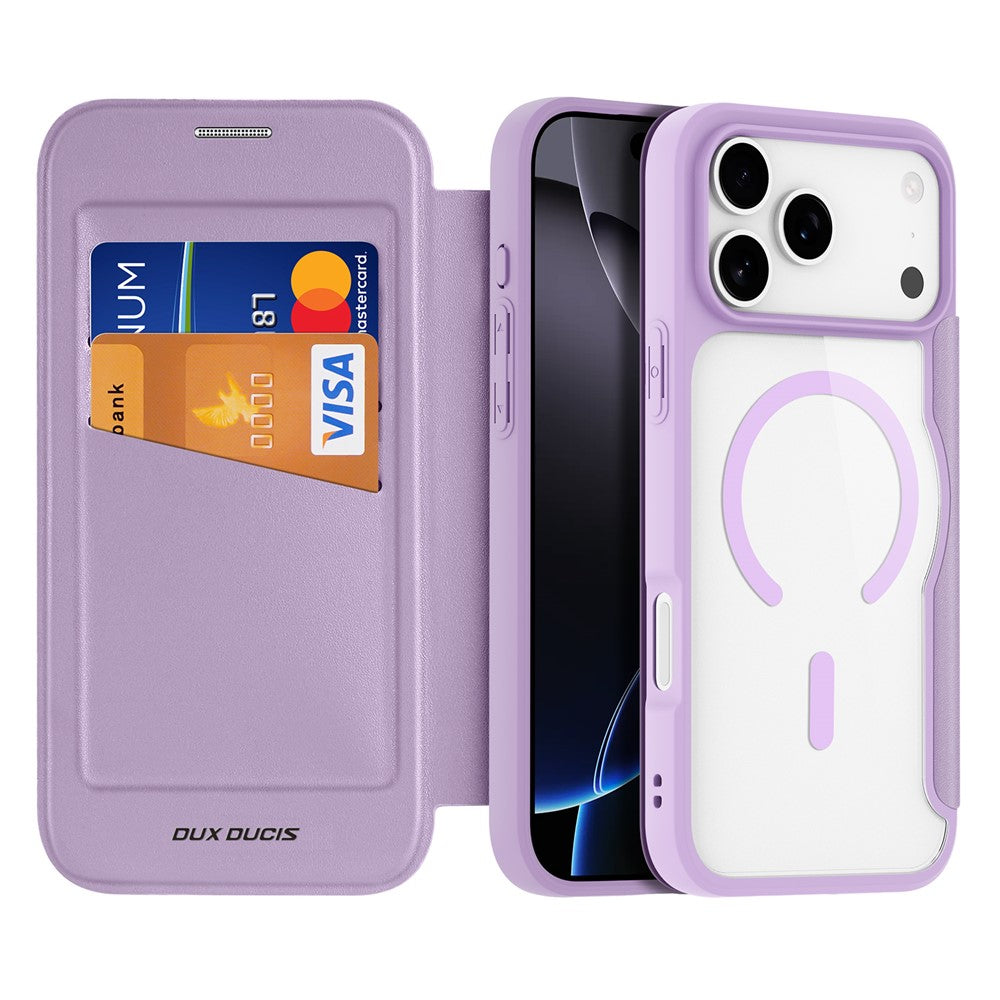 For iPhone 17 Pro Max Leather Case DUX DUCIS Skin X Pro Series Flip Cover Compatible with MagSafe - Purple Pink