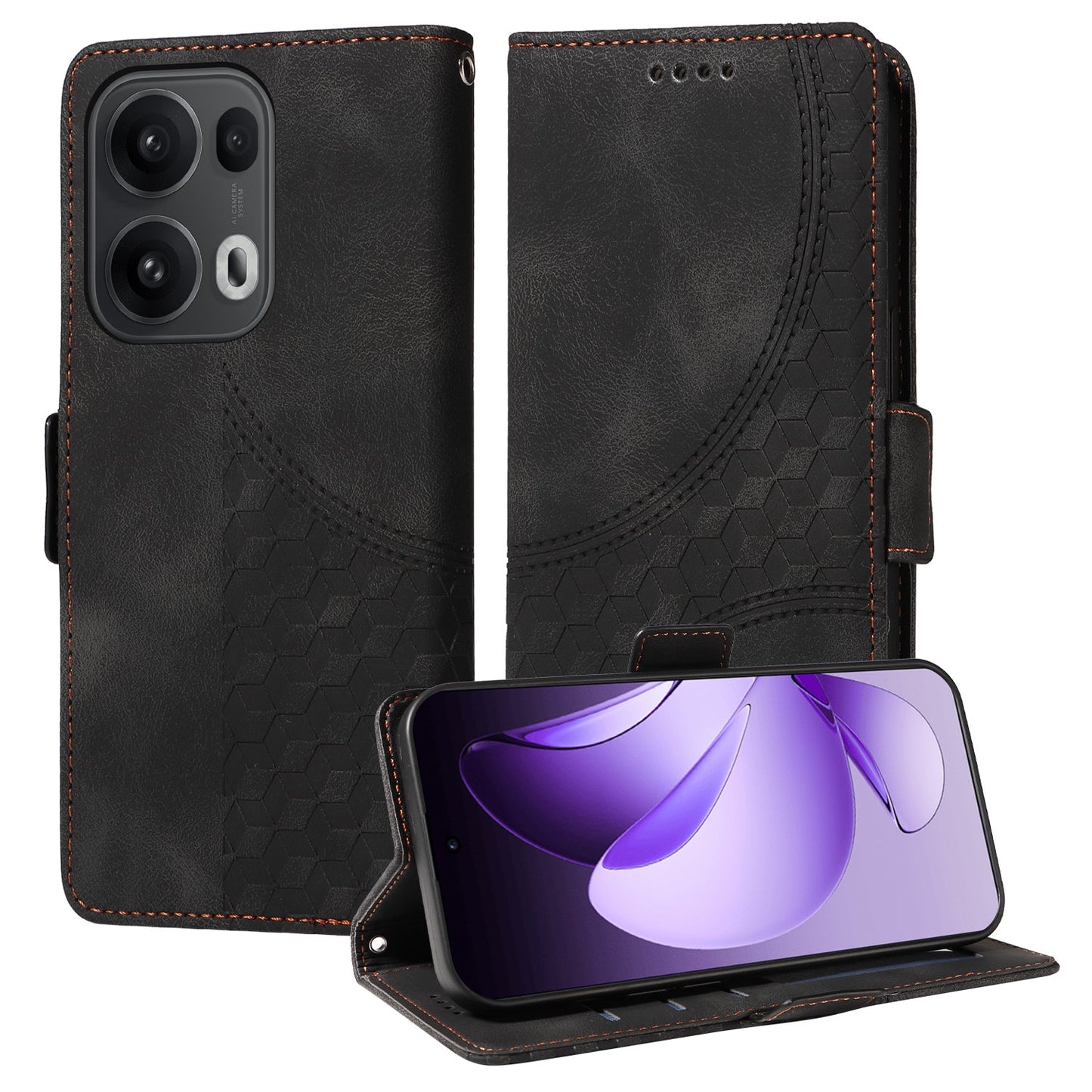 For Oppo Reno13 Pro 5G / Oppo Reno14 Pro 5G (China) / Oppo Reno14 Pro 5G (Global) Leather Cases Wallet Rhombus Imprinted Phone Cover Stand with Strap - Black