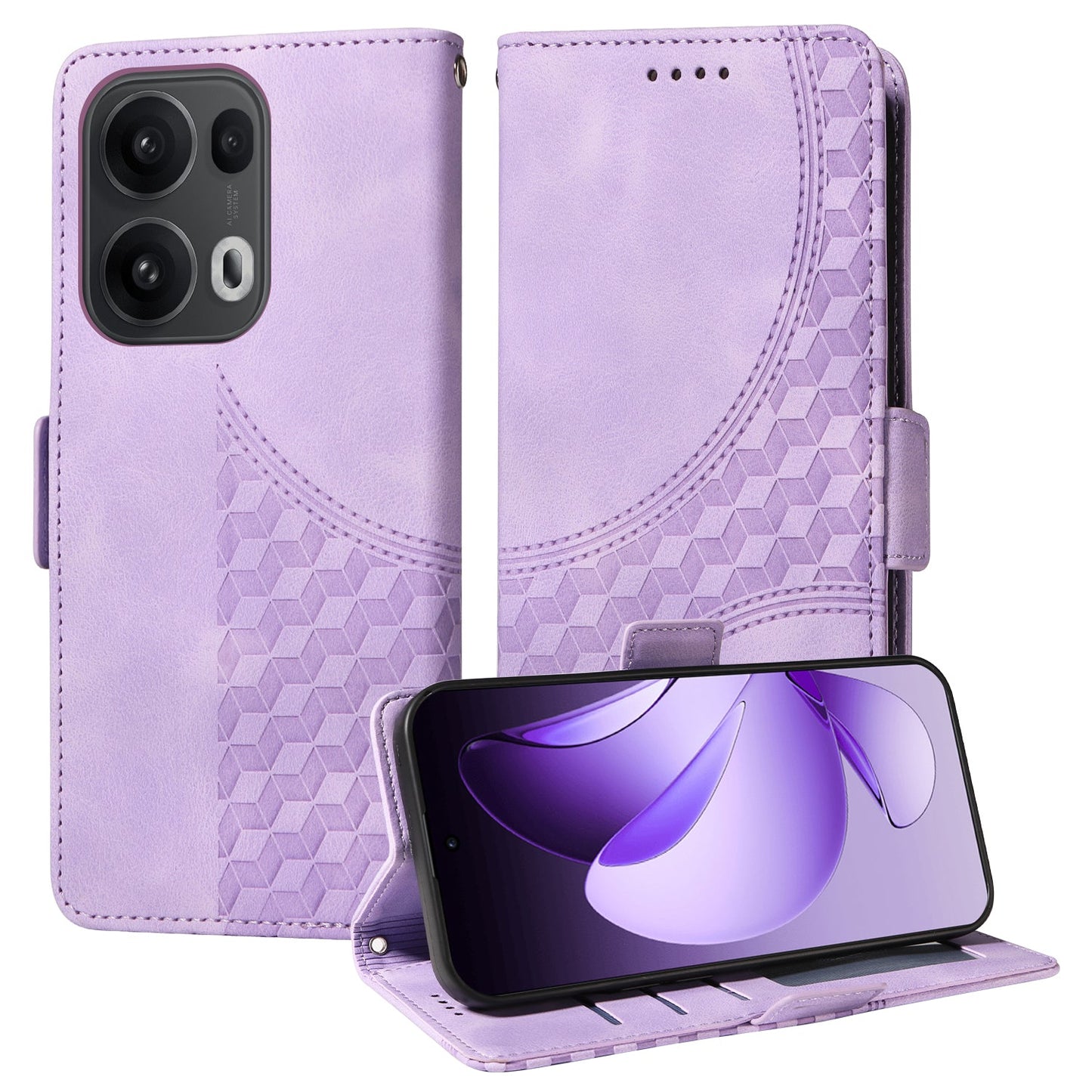 For Oppo Reno13 Pro 5G / Oppo Reno14 Pro 5G (China) / Oppo Reno14 Pro 5G (Global) Leather Cases Wallet Rhombus Imprinted Phone Cover Stand with Strap - Purple
