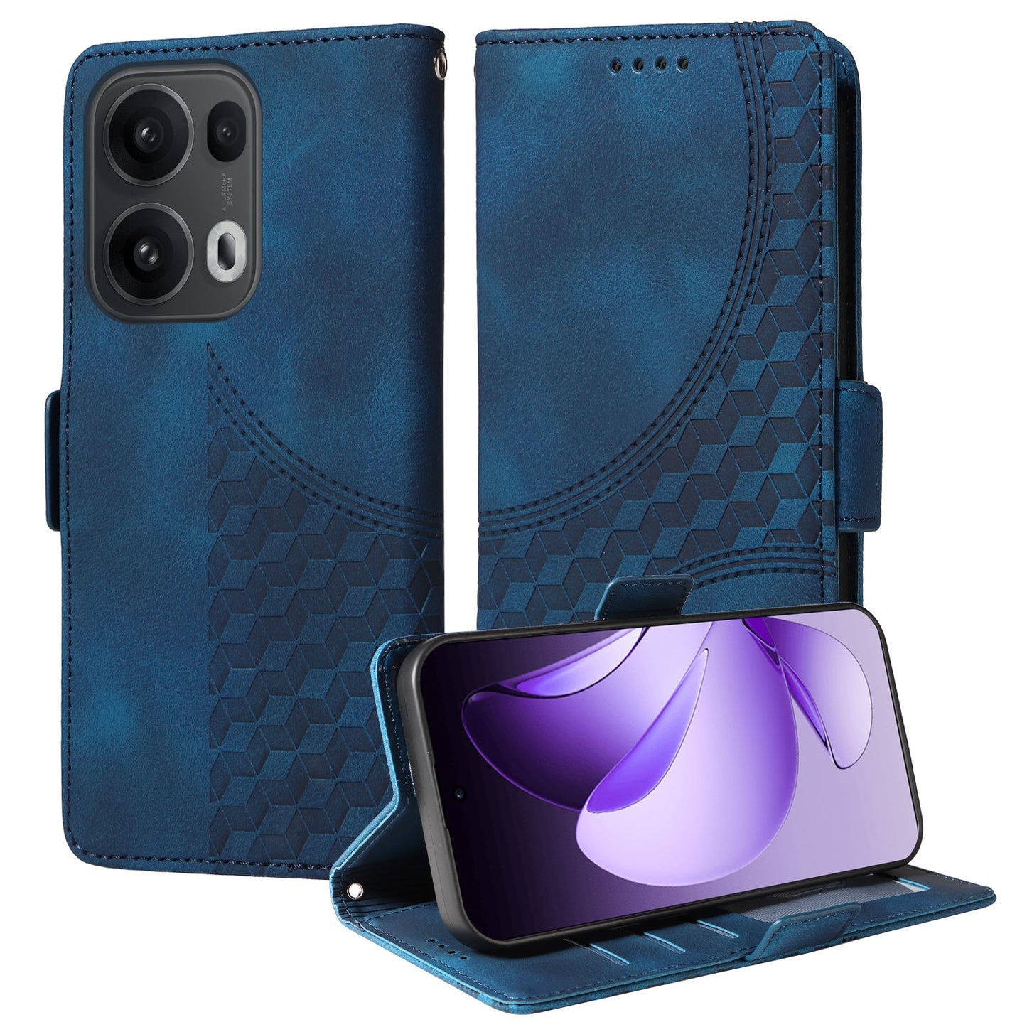 For Oppo Reno13 Pro 5G / Oppo Reno14 Pro 5G (China) / Oppo Reno14 Pro 5G (Global) Leather Cases Wallet Rhombus Imprinted Phone Cover Stand with Strap - Blue