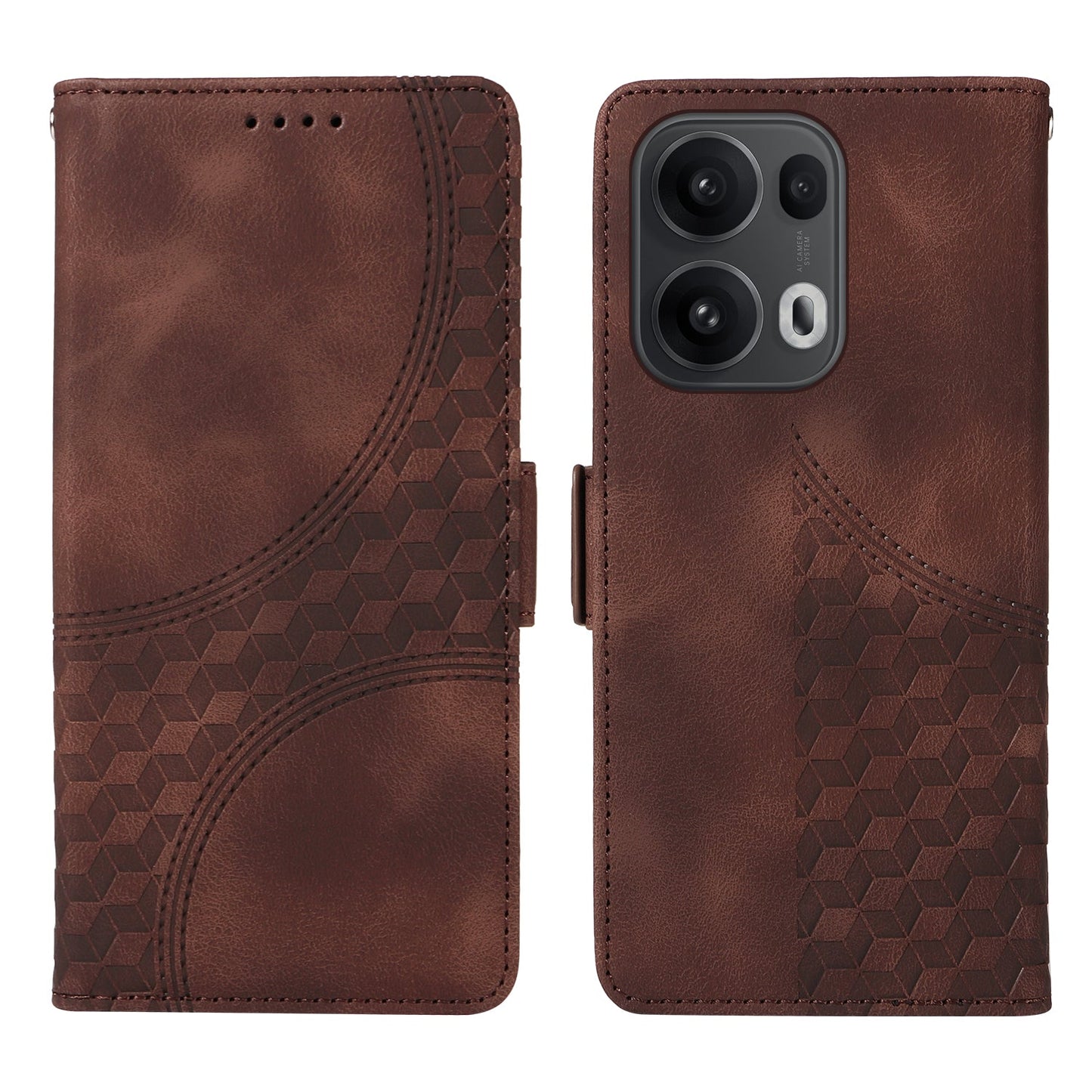 For Oppo Reno13 Pro 5G / Oppo Reno14 Pro 5G (China) / Oppo Reno14 Pro 5G (Global) Leather Cases Wallet Rhombus Imprinted Phone Cover Stand with Strap - Brown