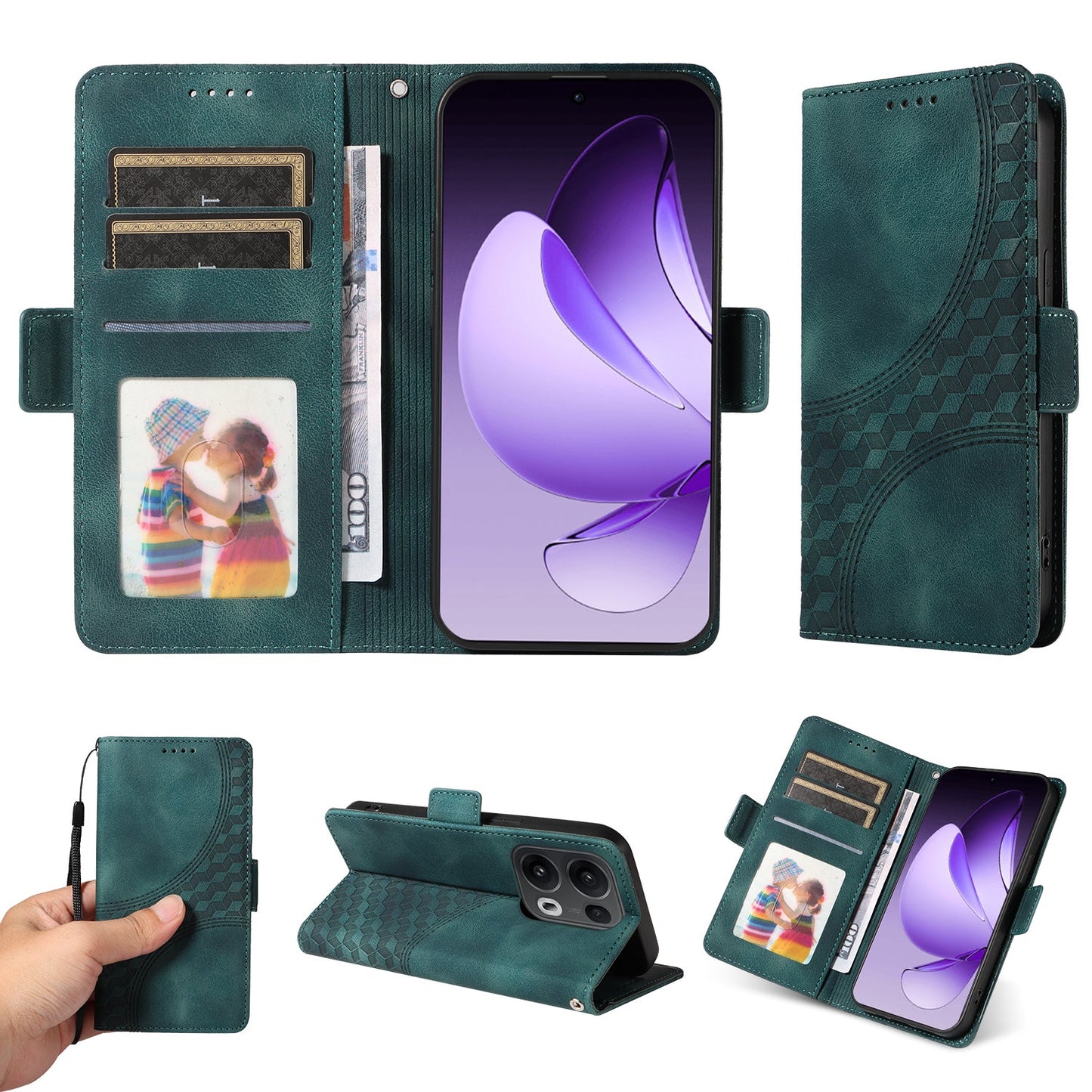 For Oppo Reno13 Pro 5G / Oppo Reno14 Pro 5G (China) / Oppo Reno14 Pro 5G (Global) Leather Cases Wallet Rhombus Imprinted Phone Cover Stand with Strap - Green