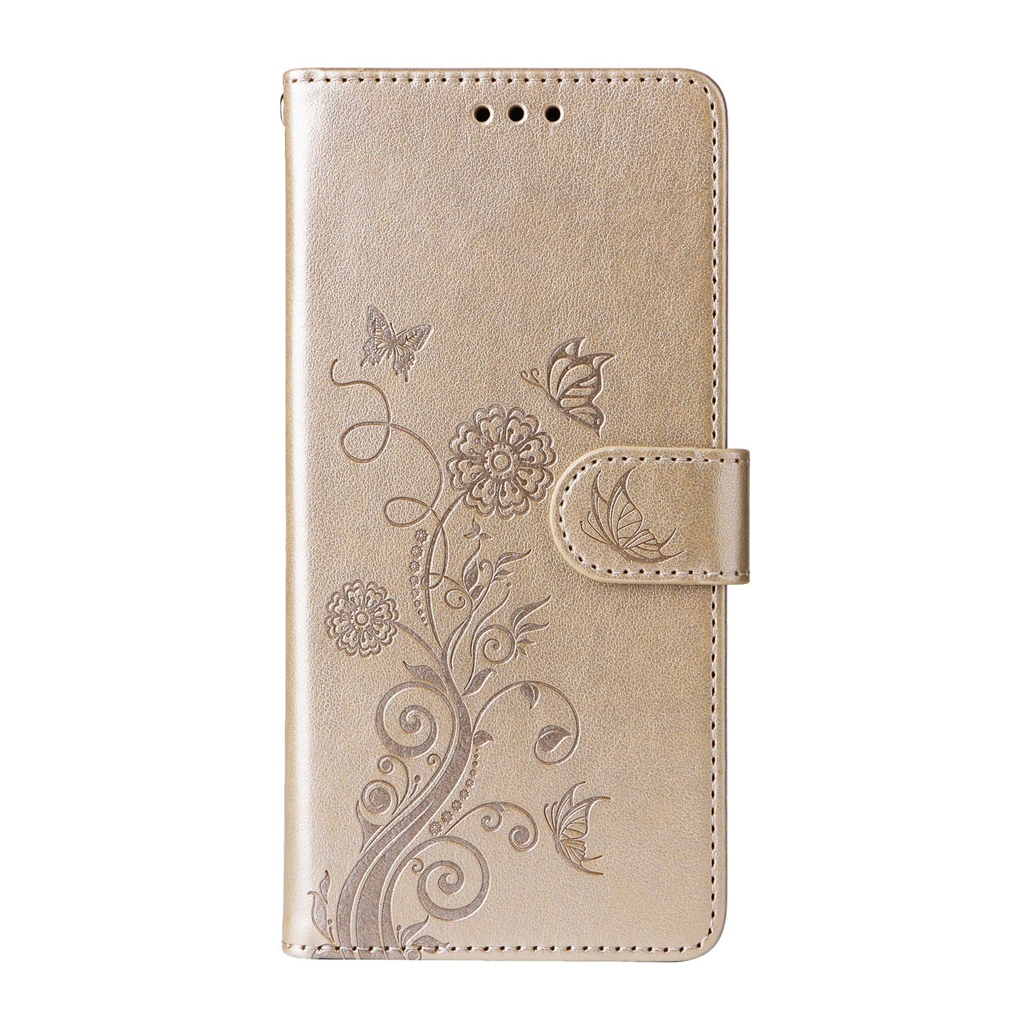 For Oppo Reno13 Pro 5G / Oppo Reno14 Pro 5G (China) / Oppo Reno14 Pro 5G (Global) Leather Case Butterfly Floral Imprint Wallet Stand Cover - Golden