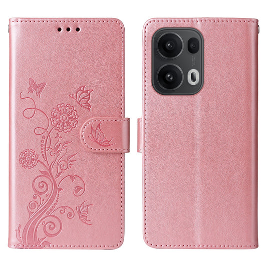 For Oppo Reno13 Pro 5G / Oppo Reno14 Pro 5G (China) / Oppo Reno14 Pro 5G (Global) Leather Case Butterfly Floral Imprint Wallet Stand Cover - Pink