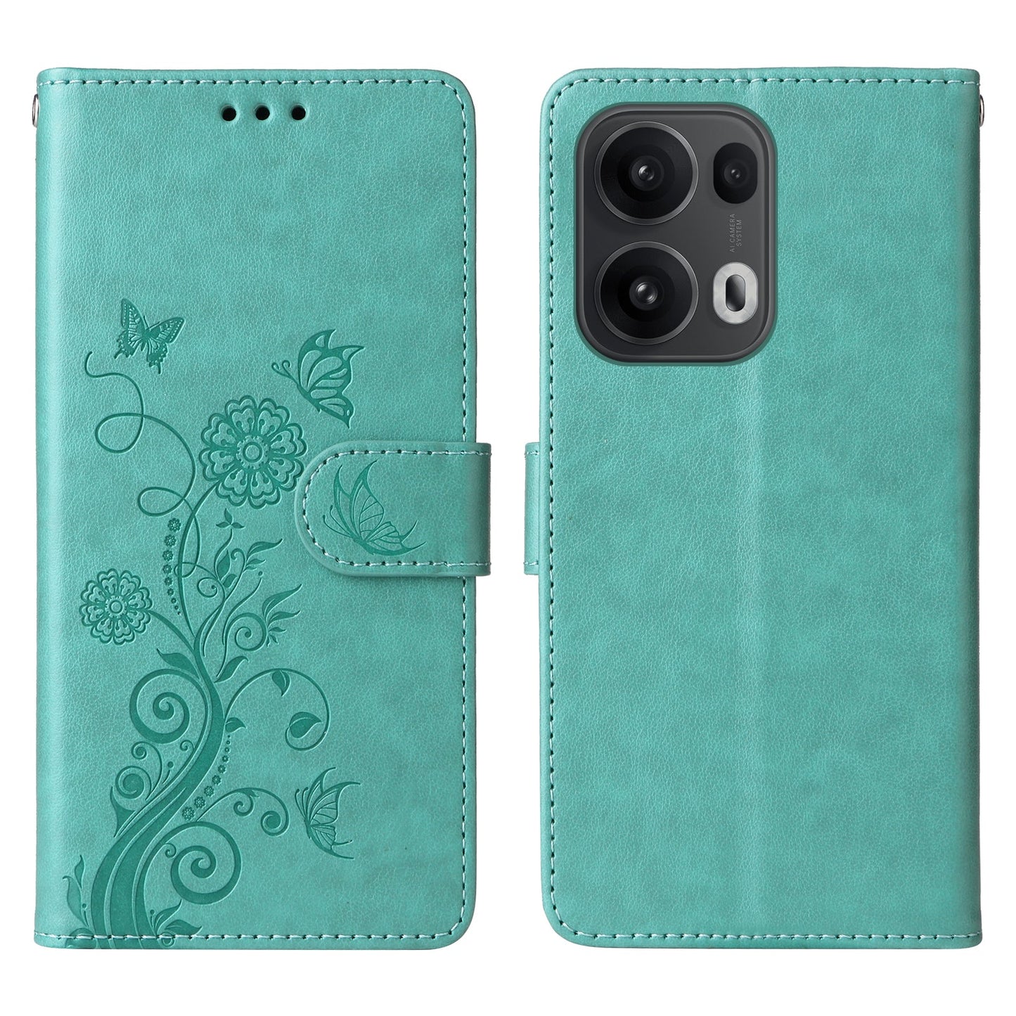 For Oppo Reno13 Pro 5G / Oppo Reno14 Pro 5G (China) / Oppo Reno14 Pro 5G (Global) Leather Case Butterfly Floral Imprint Wallet Stand Cover - Green