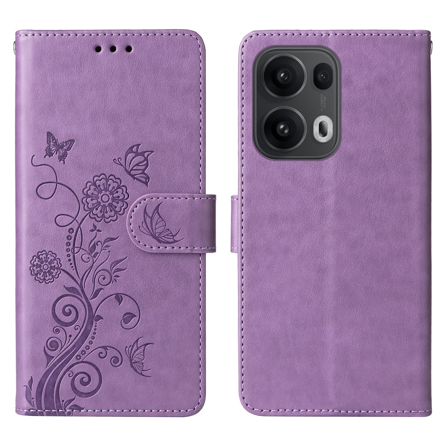 For Oppo Reno13 Pro 5G / Oppo Reno14 Pro 5G (China) / Oppo Reno14 Pro 5G (Global) Leather Case Butterfly Floral Imprint Wallet Stand Cover - Purple