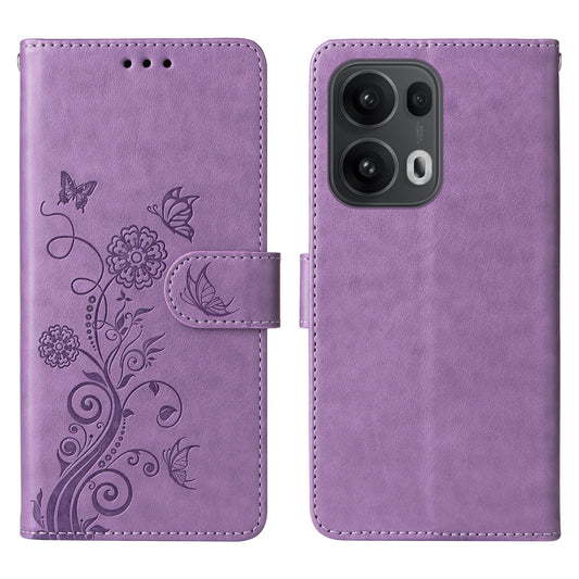 For Oppo Reno13 Pro 5G / Oppo Reno14 Pro 5G (China) / Oppo Reno14 Pro 5G (Global) Leather Case Butterfly Floral Imprint Wallet Stand Cover - Purple