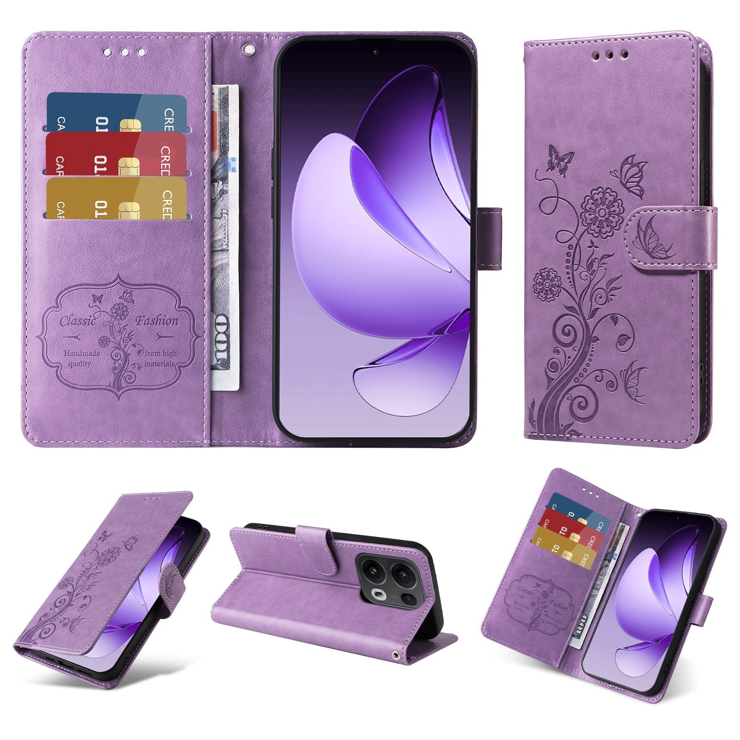For Oppo Reno13 Pro 5G / Oppo Reno14 Pro 5G (China) / Oppo Reno14 Pro 5G (Global) Leather Case Butterfly Floral Imprint Wallet Stand Cover - Purple