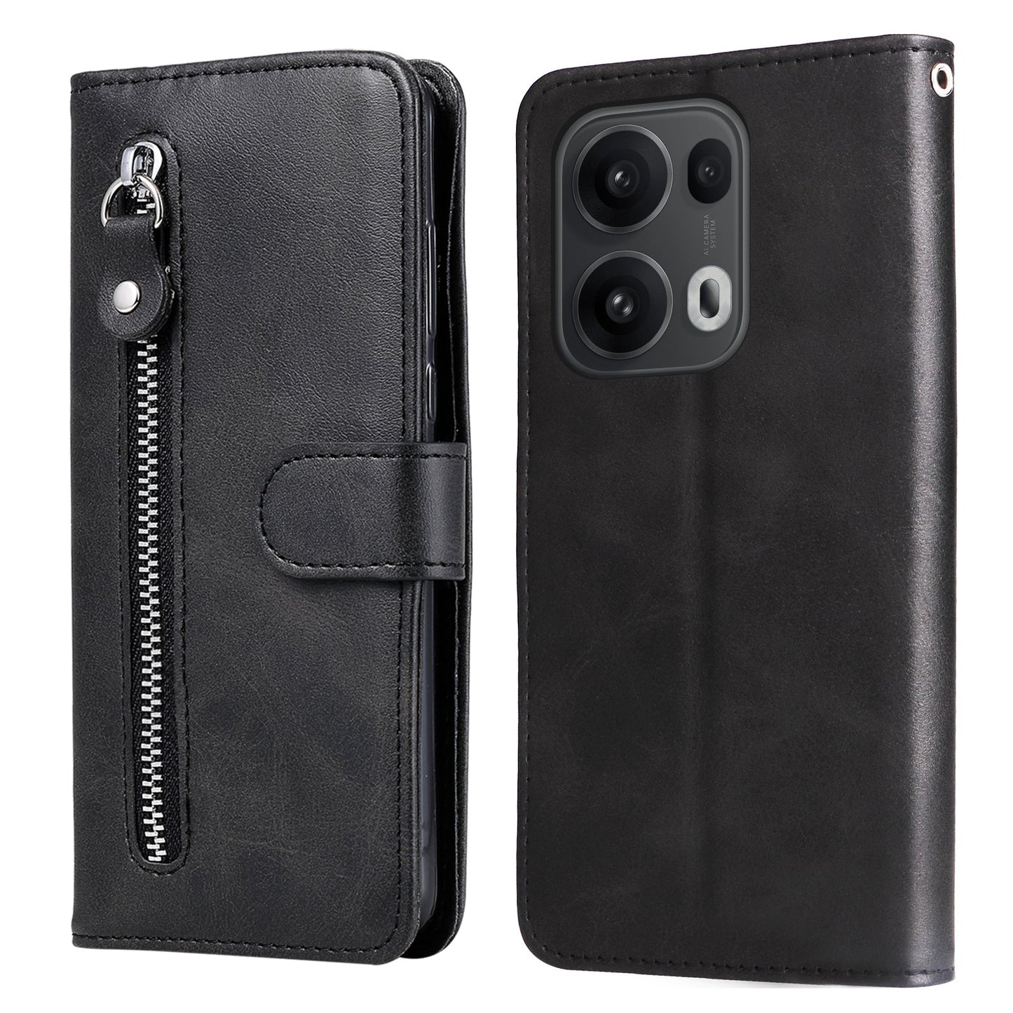 For Oppo Reno14 Pro 5G (China) / Oppo Reno13 Pro 5G / Oppo Reno14 Pro 5G (Global) PU Leather Cases with Zipper Pocket Wallet Phone Cover Stand - Black