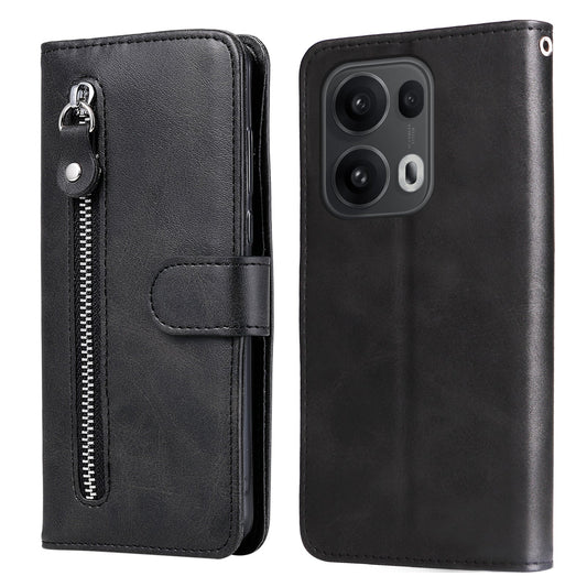 For Oppo Reno14 Pro 5G (China) / Oppo Reno13 Pro 5G / Oppo Reno14 Pro 5G (Global) PU Leather Cases with Zipper Pocket Wallet Phone Cover Stand - Black