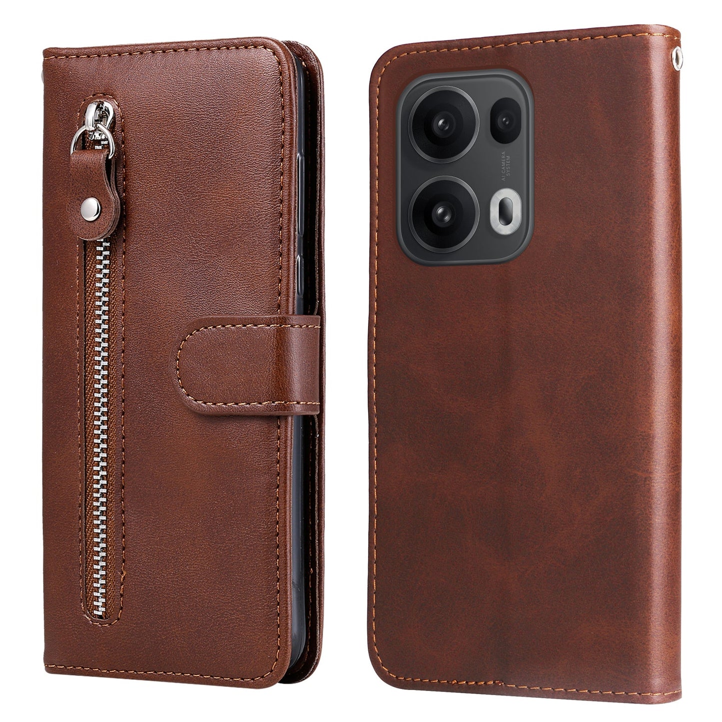 For Oppo Reno14 Pro 5G (China) / Oppo Reno13 Pro 5G / Oppo Reno14 Pro 5G (Global) PU Leather Cases with Zipper Pocket Wallet Phone Cover Stand - Brown