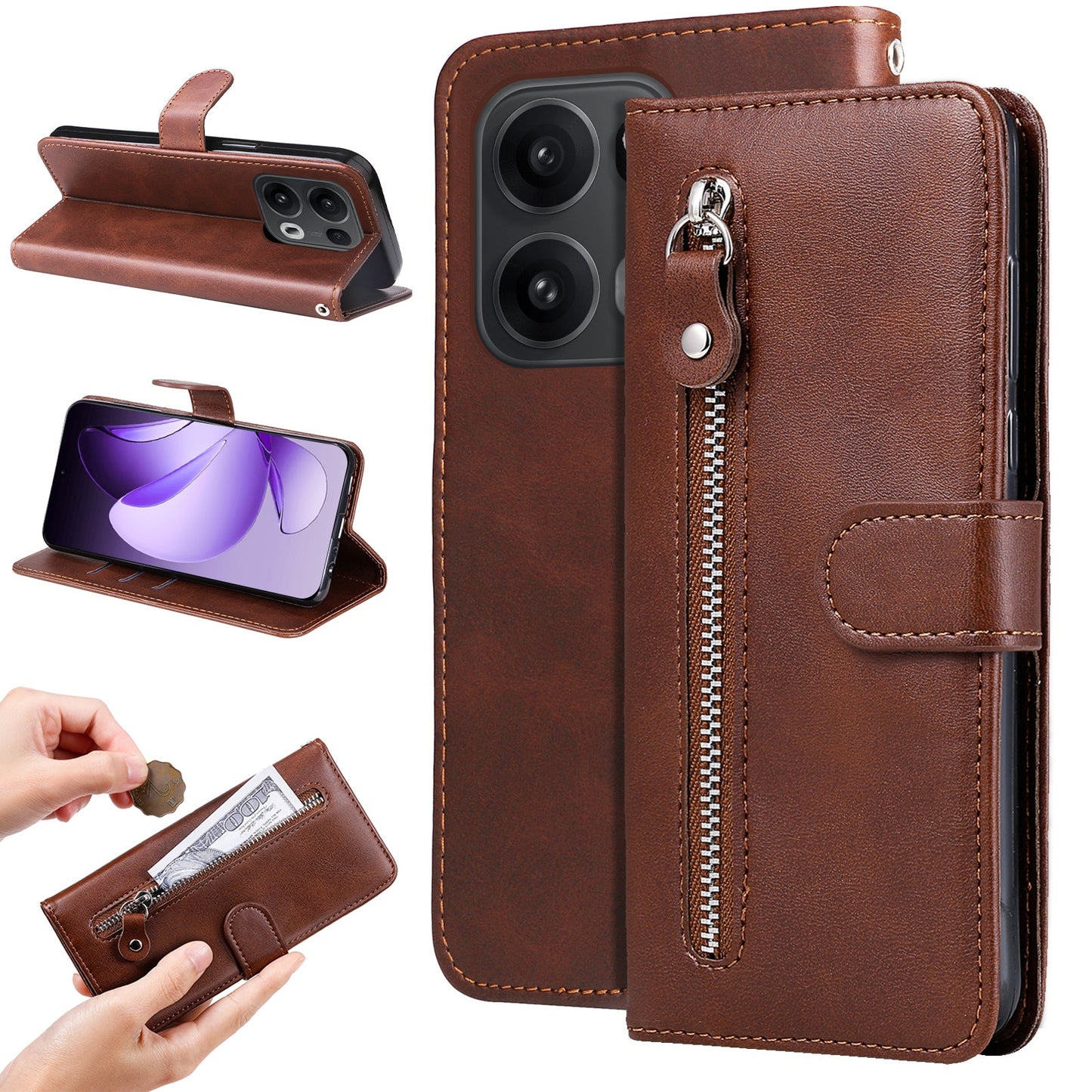For Oppo Reno14 Pro 5G (China) / Oppo Reno13 Pro 5G / Oppo Reno14 Pro 5G (Global) PU Leather Cases with Zipper Pocket Wallet Phone Cover Stand - Brown
