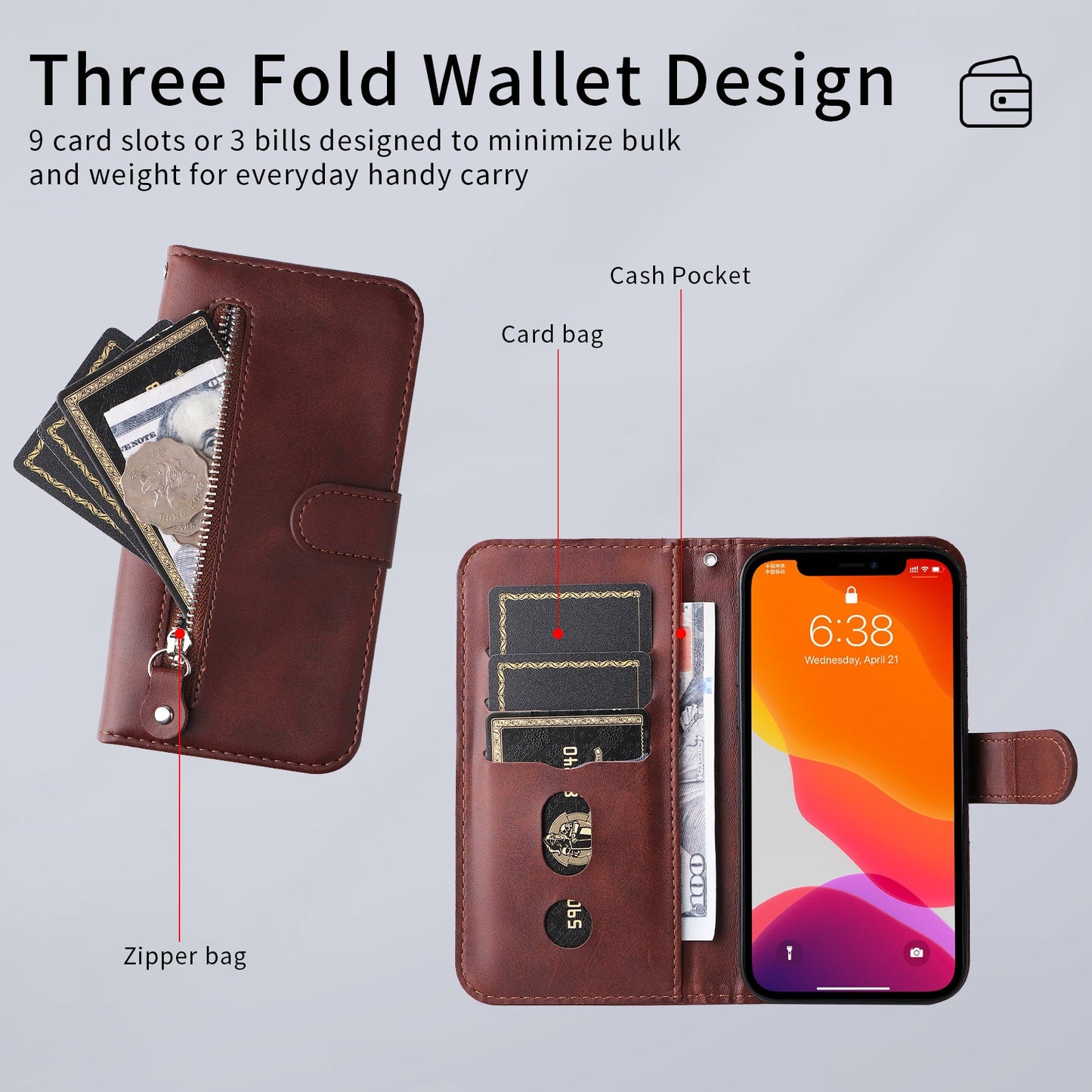 For Oppo Reno14 Pro 5G (China) / Oppo Reno13 Pro 5G / Oppo Reno14 Pro 5G (Global) PU Leather Cases with Zipper Pocket Wallet Phone Cover Stand - Brown