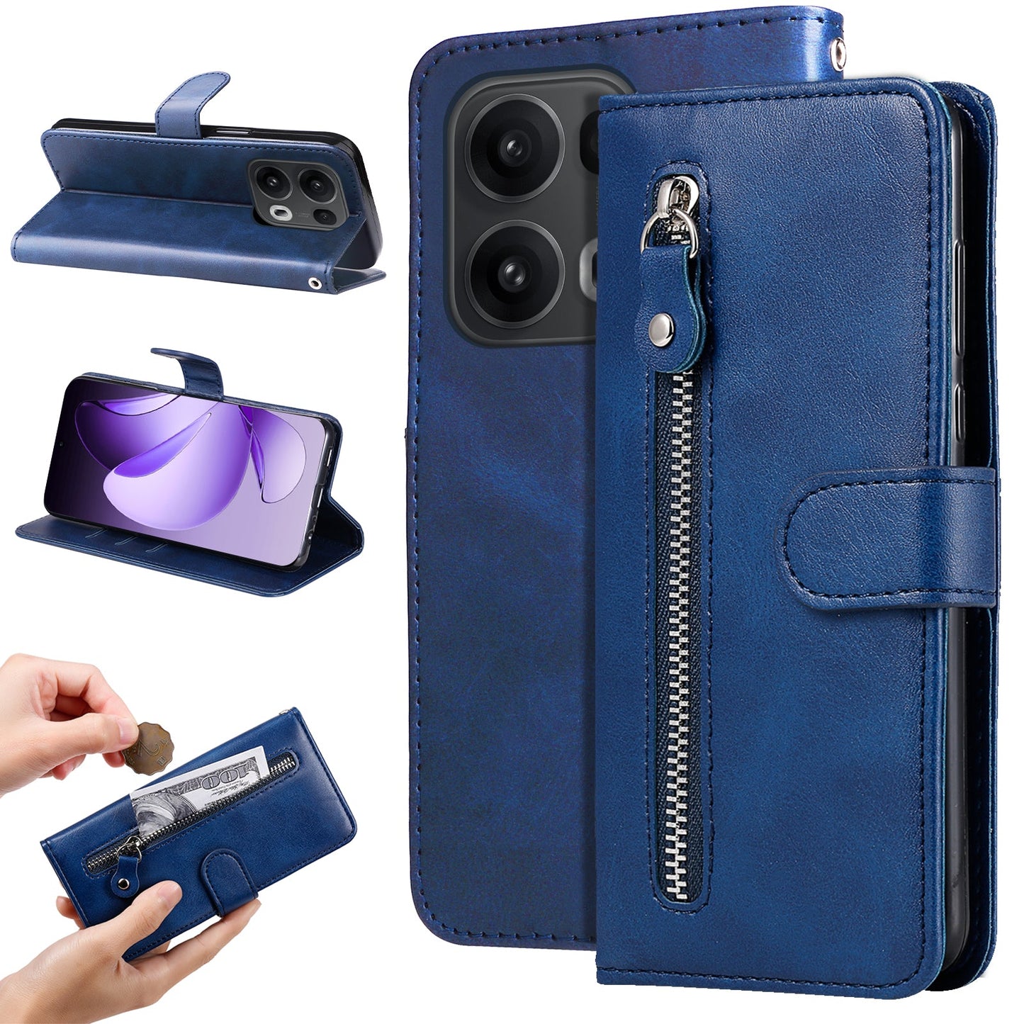 For Oppo Reno14 Pro 5G (China) / Oppo Reno13 Pro 5G / Oppo Reno14 Pro 5G (Global) PU Leather Cases with Zipper Pocket Wallet Phone Cover Stand - Blue