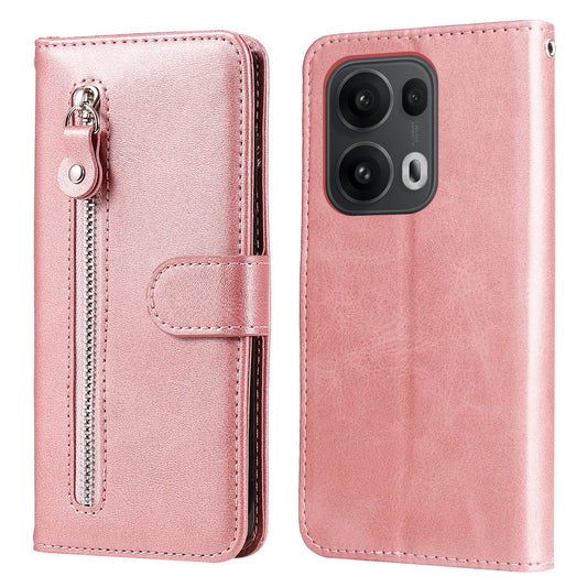 For Oppo Reno14 Pro 5G (China) / Oppo Reno13 Pro 5G / Oppo Reno14 Pro 5G (Global) PU Leather Cases with Zipper Pocket Wallet Phone Cover Stand - Pink