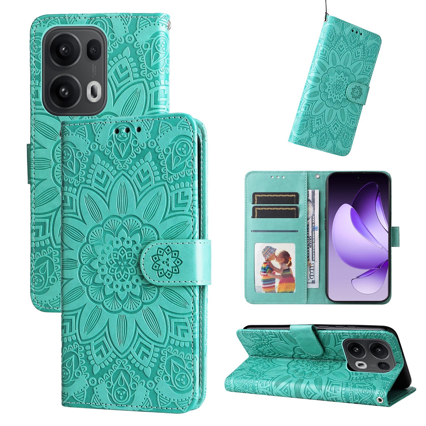 For Oppo Reno14 Pro 5G (China) / Oppo Reno13 Pro 5G / Oppo Reno14 Pro 5G (Global) Case Sunflower Imprint Leather Wallet Phone Cover - Green