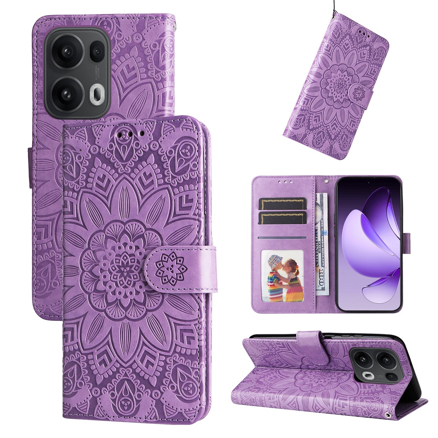 For Oppo Reno14 Pro 5G (China) / Oppo Reno13 Pro 5G / Oppo Reno14 Pro 5G (Global) Case Sunflower Imprint Leather Wallet Phone Cover - Purple