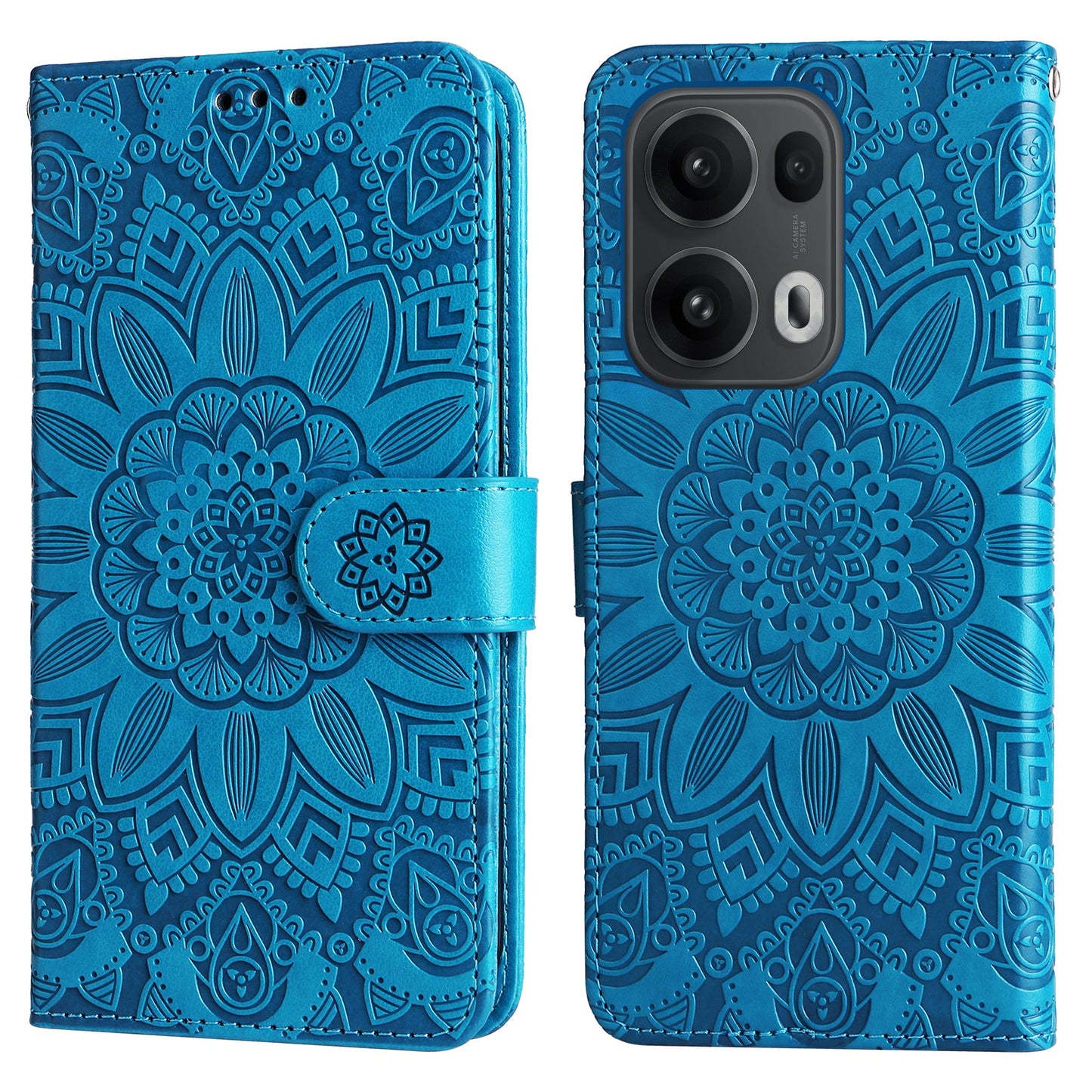 For Oppo Reno14 Pro 5G (China) / Oppo Reno13 Pro 5G / Oppo Reno14 Pro 5G (Global) Case Sunflower Imprint Leather Wallet Phone Cover - Blue