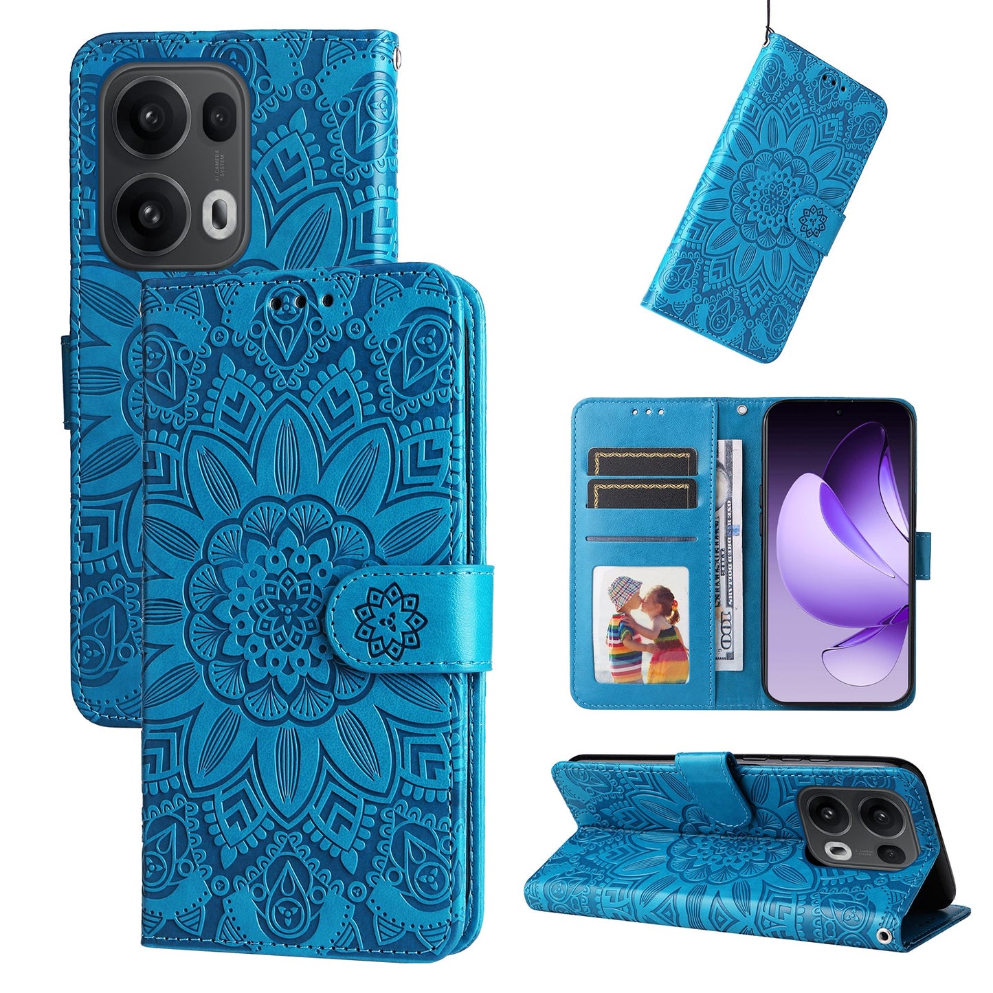 For Oppo Reno14 Pro 5G (China) / Oppo Reno13 Pro 5G / Oppo Reno14 Pro 5G (Global) Case Sunflower Imprint Leather Wallet Phone Cover - Blue