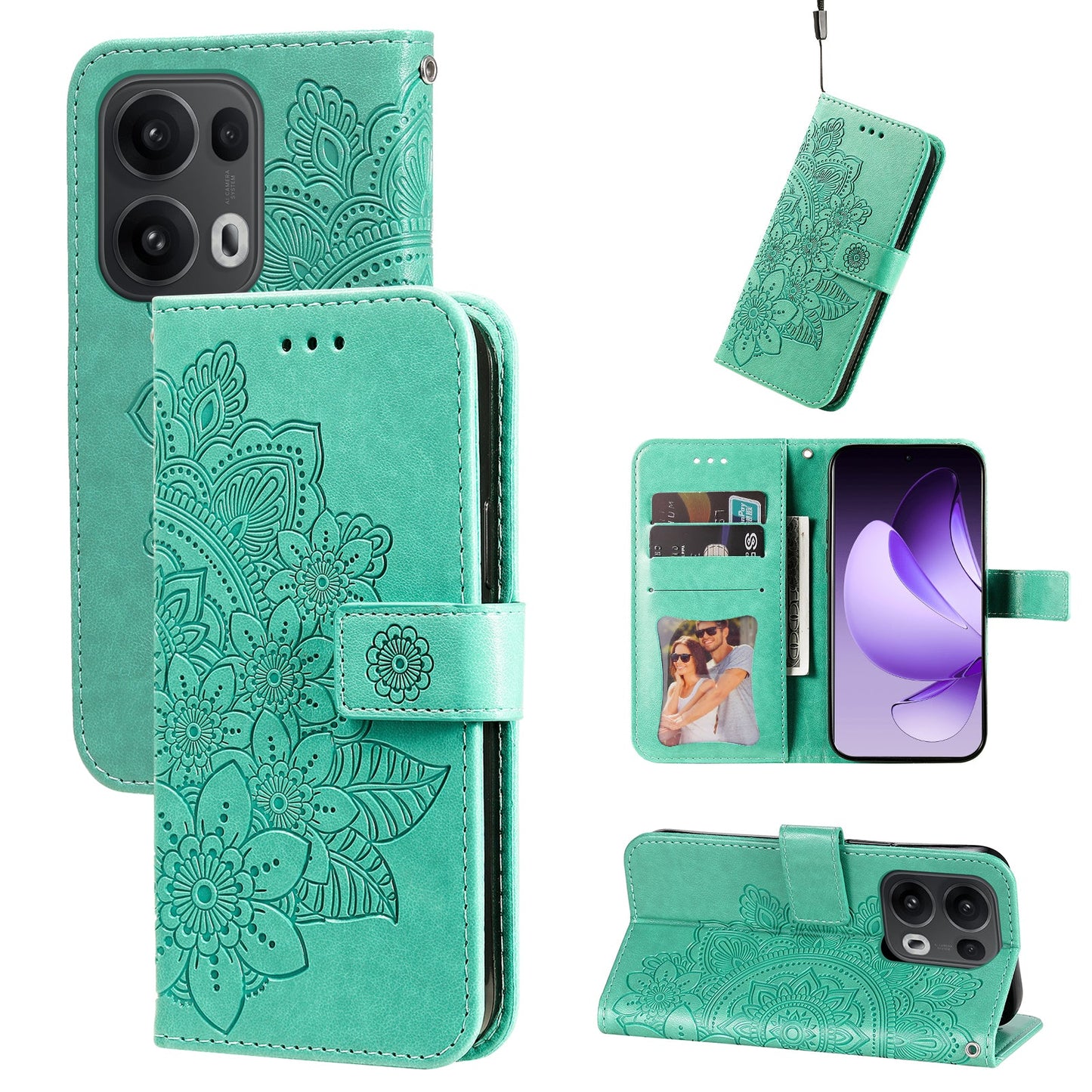 For Oppo Reno14 Pro 5G (China) / Oppo Reno13 Pro 5G / Oppo Reno14 Pro 5G (Global) Case Floral Pattern PU Leather Wallet Stand Phone Cover - Green