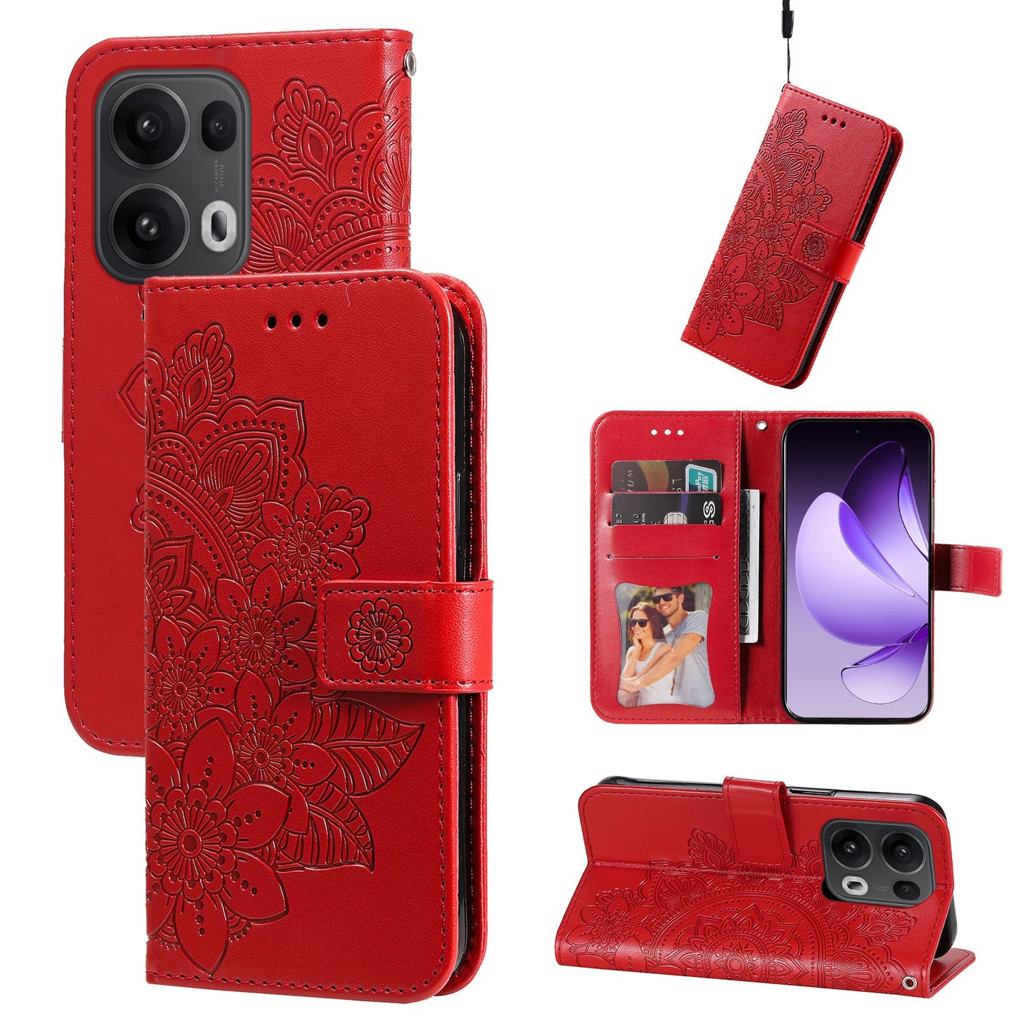 For Oppo Reno14 Pro 5G (China) / Oppo Reno13 Pro 5G / Oppo Reno14 Pro 5G (Global) Case Floral Pattern PU Leather Wallet Stand Phone Cover - Red