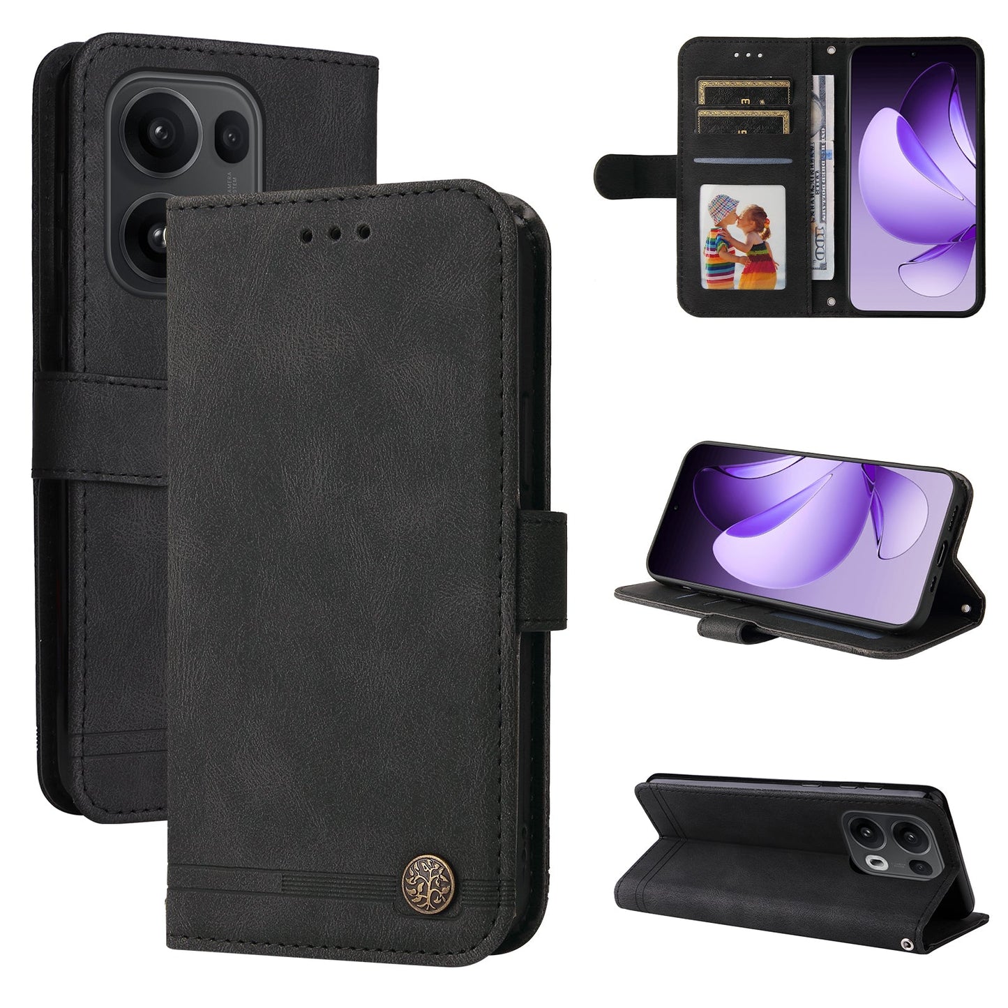 For Oppo Reno14 Pro 5G (China) / Oppo Reno13 Pro 5G / Oppo Reno14 Pro 5G (Global) Leather Wallet Cases Skin Touch Phone Cover Stand with Strap - Black