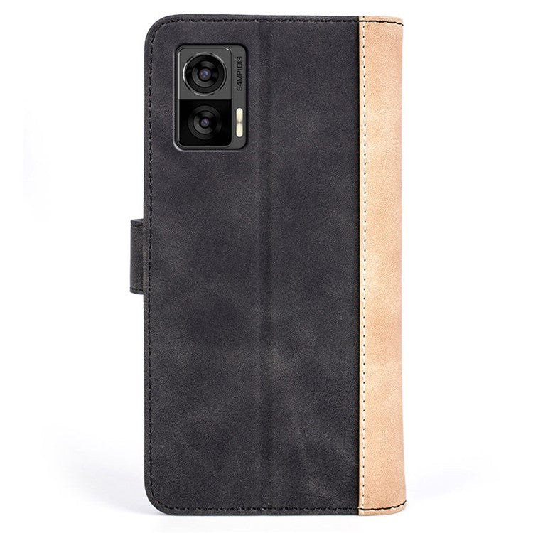 For Motorola Edge 30 Neo 5G Color Splicing PU Leather Shockproof Stand Wallet Case Magnetic Clasp Protective Cover - Black