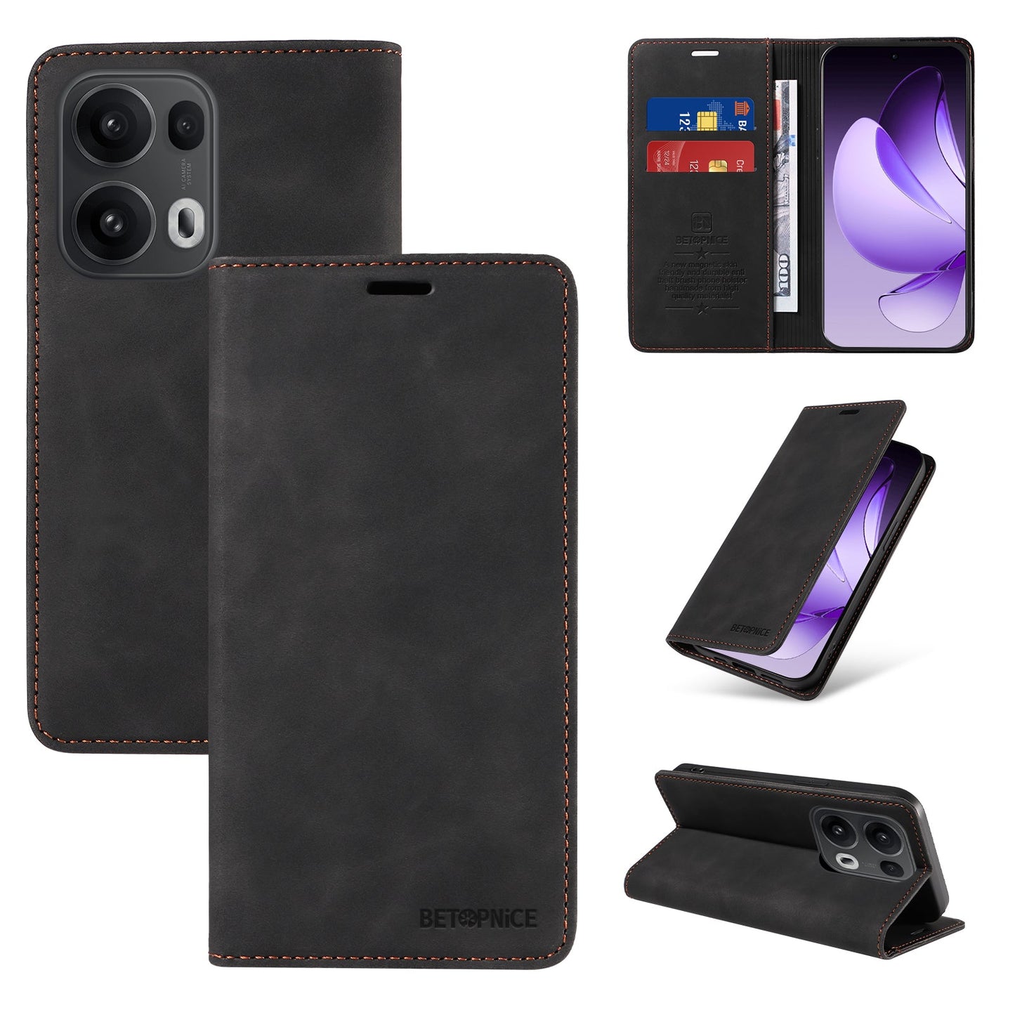 For Oppo Reno14 Pro 5G (China) / Oppo Reno13 Pro 5G / Oppo Reno14 Pro 5G (Global) Case BETOPNICE Magnetic Closure RFID Blocking Wallet Stand Leather Phone Cover - Black