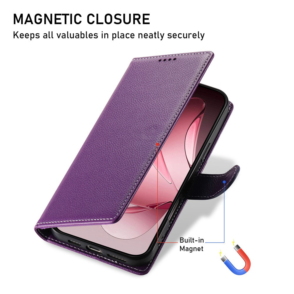 For Oppo Reno14 Pro 5G (Global) Case Magnetic Snap Litchi Texture Leather Wallet Phone Cover with Wrist Strap - Purple