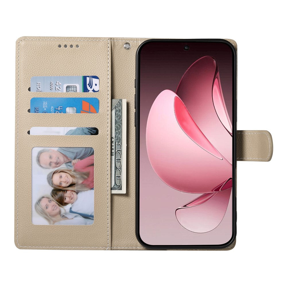 For Oppo Reno14 Pro 5G (Global) Case Magnetic Snap Litchi Texture Leather Wallet Phone Cover with Wrist Strap - Apricot