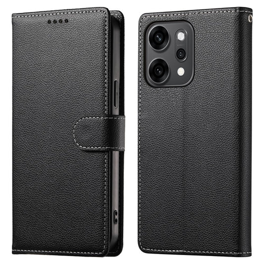 For Oppo Reno14 Pro 5G (Global) Case Magnetic Snap Litchi Texture Leather Wallet Phone Cover with Wrist Strap - Black