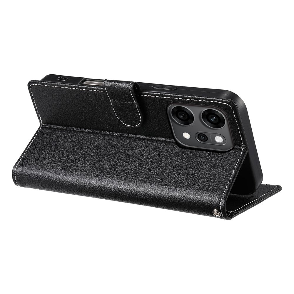 For Oppo Reno14 Pro 5G (Global) Case Magnetic Snap Litchi Texture Leather Wallet Phone Cover with Wrist Strap - Black