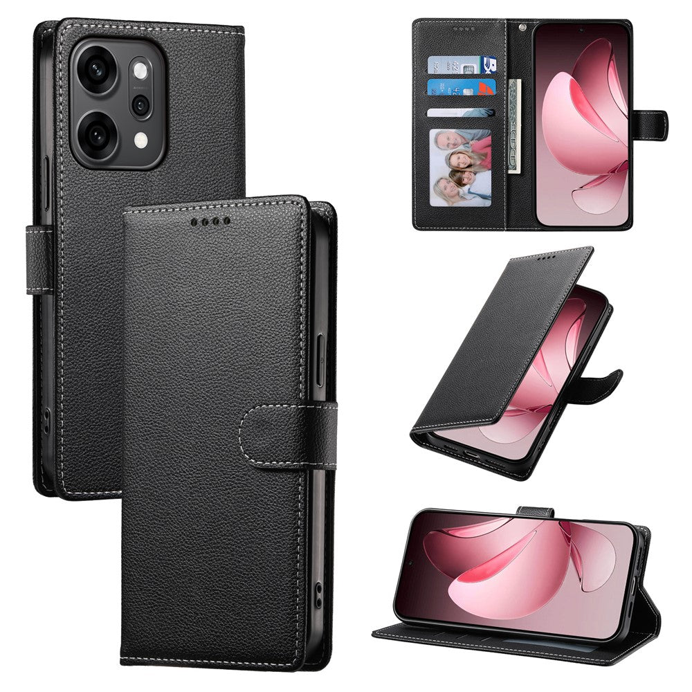 For Oppo Reno14 Pro 5G (Global) Case Magnetic Snap Litchi Texture Leather Wallet Phone Cover with Wrist Strap - Black